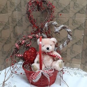 Hand made Vintage Wood trailing Hearts with Teddy in Valentine basket.